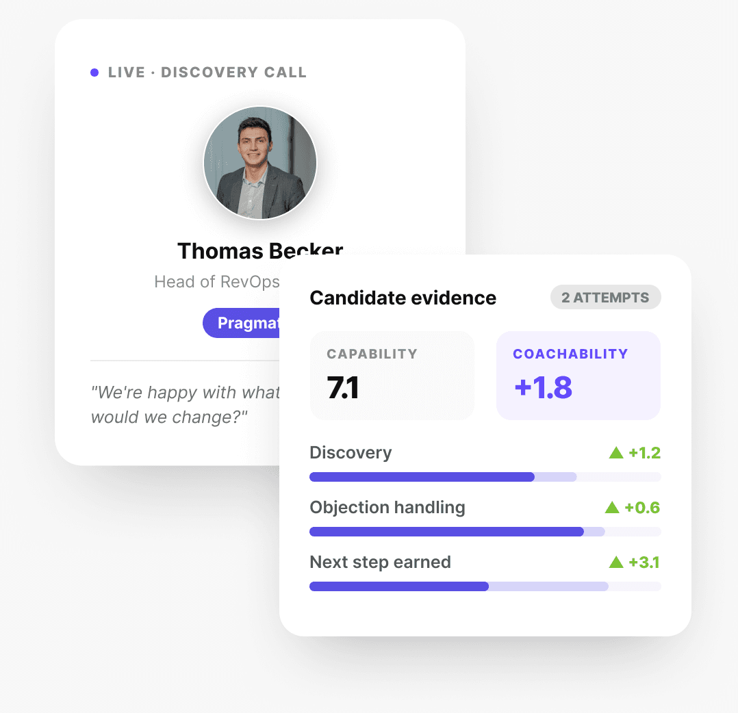 Illustrative example of candidate evidence from a discovery call with capability and coachability scores.